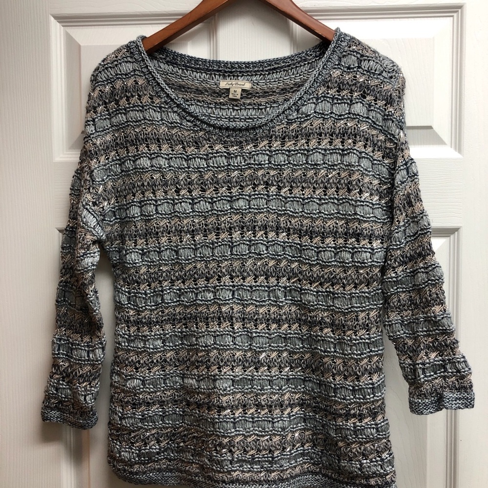 Lucky Brand Open-Knit Crewneck Sweater in Light Blue and Beige